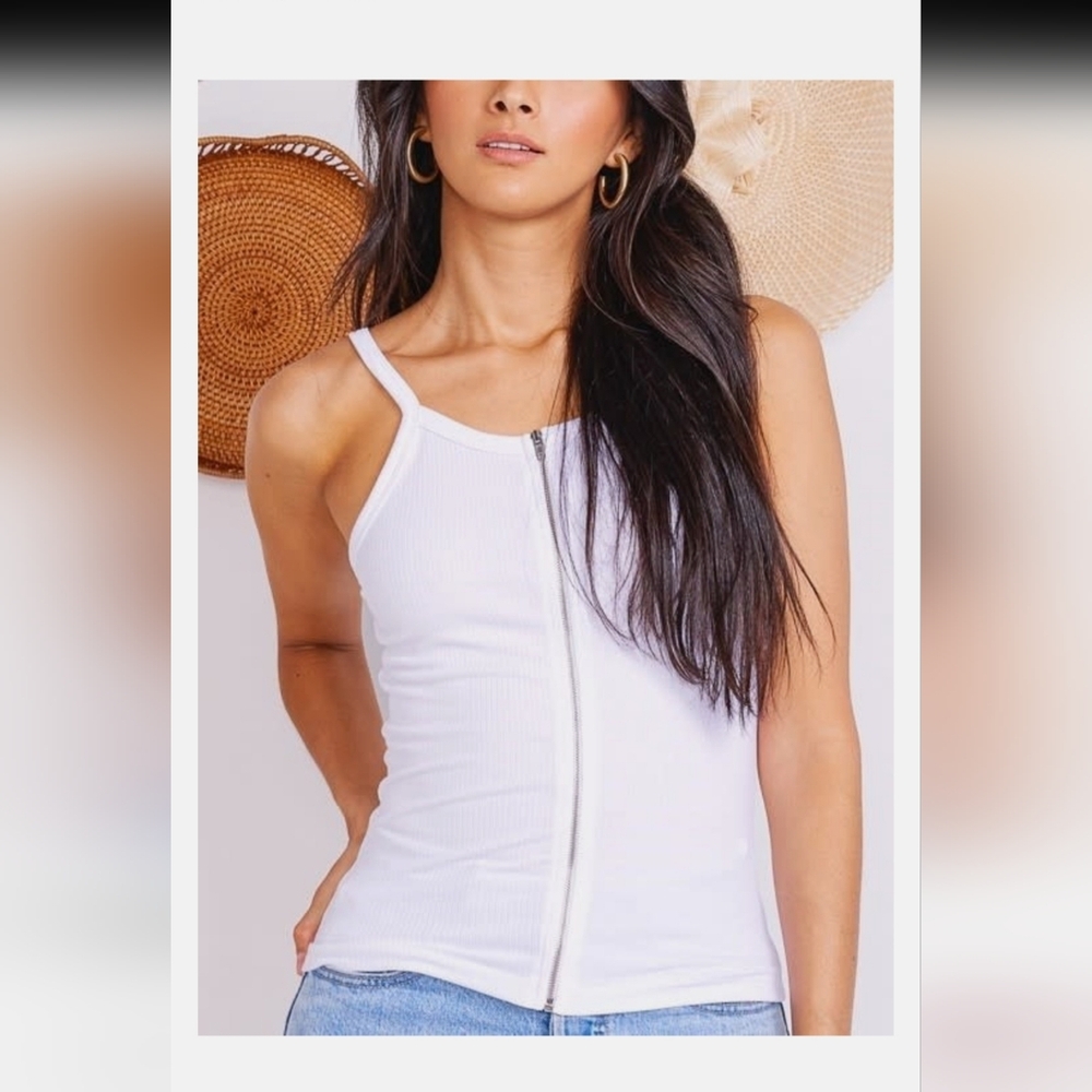Charlotte Avery boutique Tangible White Ribbed Zip-Front Tank Top